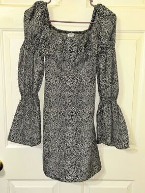 Smocked Square-Neck Long Sleeve Mini Dress in Black and White